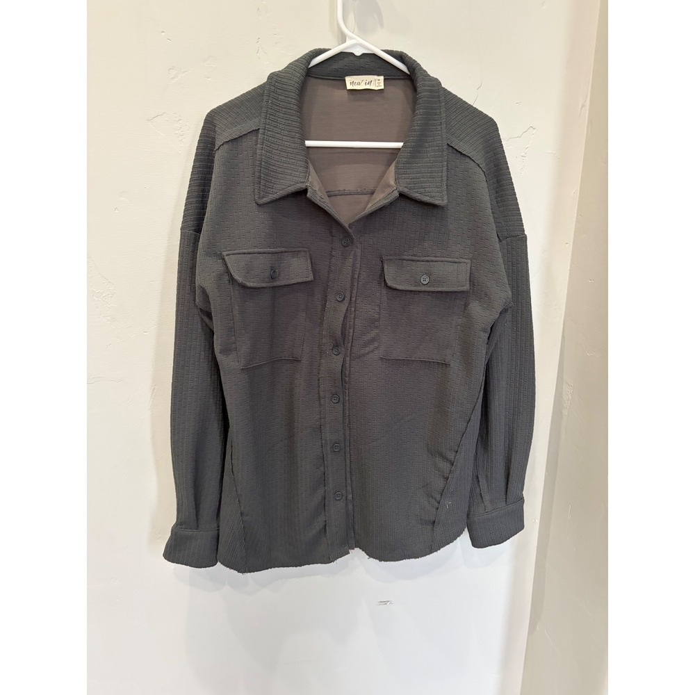 New In Women Charcoal Gray Textured Waffle Knit Shacket Button Down NT11859 M